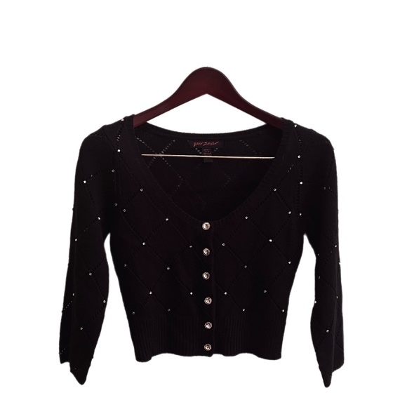 Betsey Johnson Medium Cropped Black Knit w/ White Rhinestones Cardigan Sweater - Picture 1 of 5